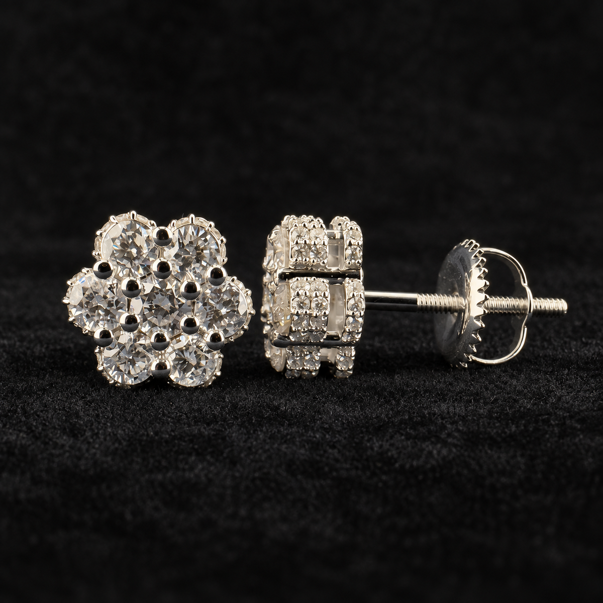 white gold — 14KT, 1 CTW natural diamond flower studs; background retouched