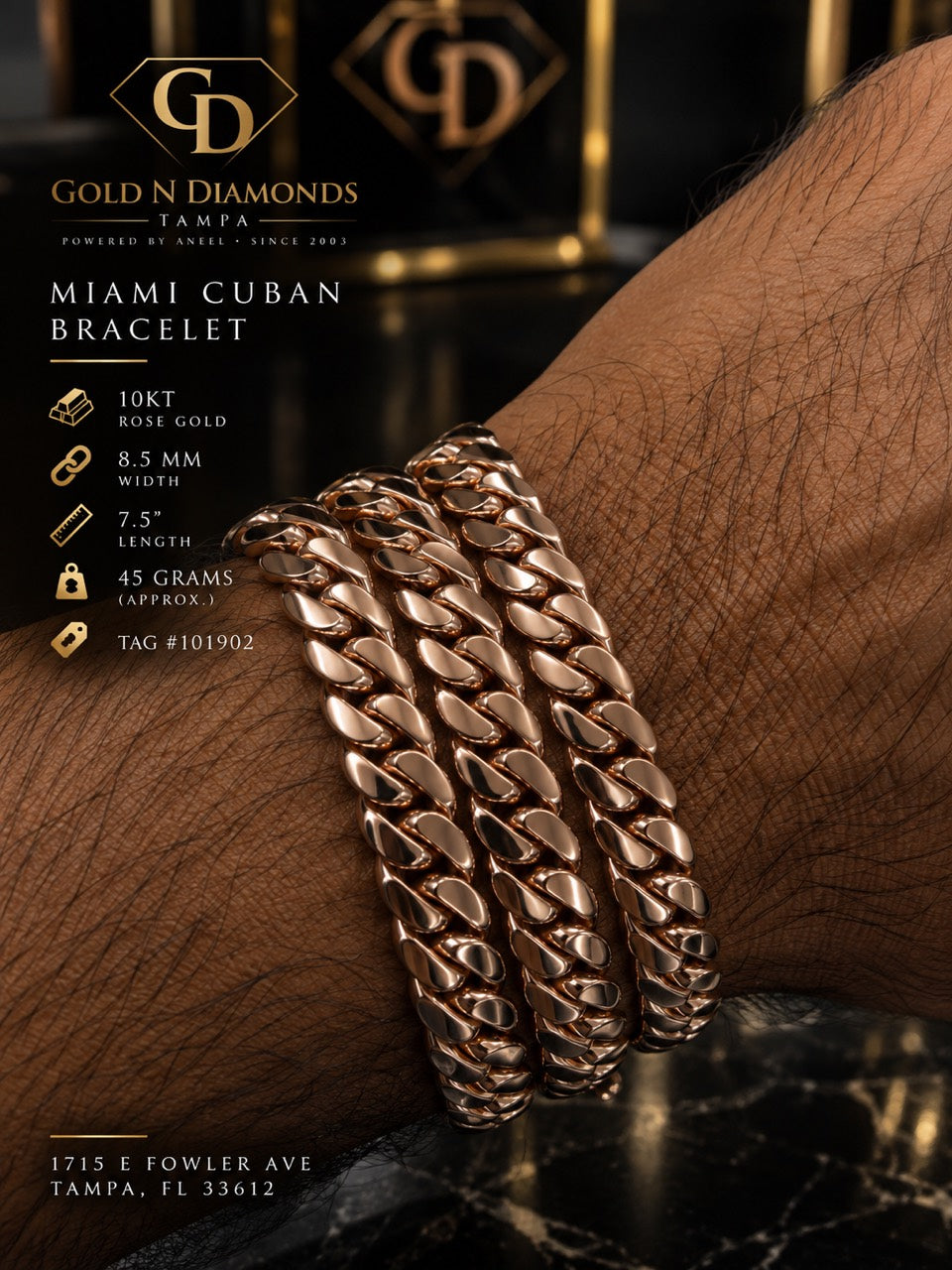 Three matching 10KT rose gold Miami Cuban bracelets on a wrist, shown together; sold individually. Each 8.5 mm wide, 7.5 inches long and approximately 45 grams.