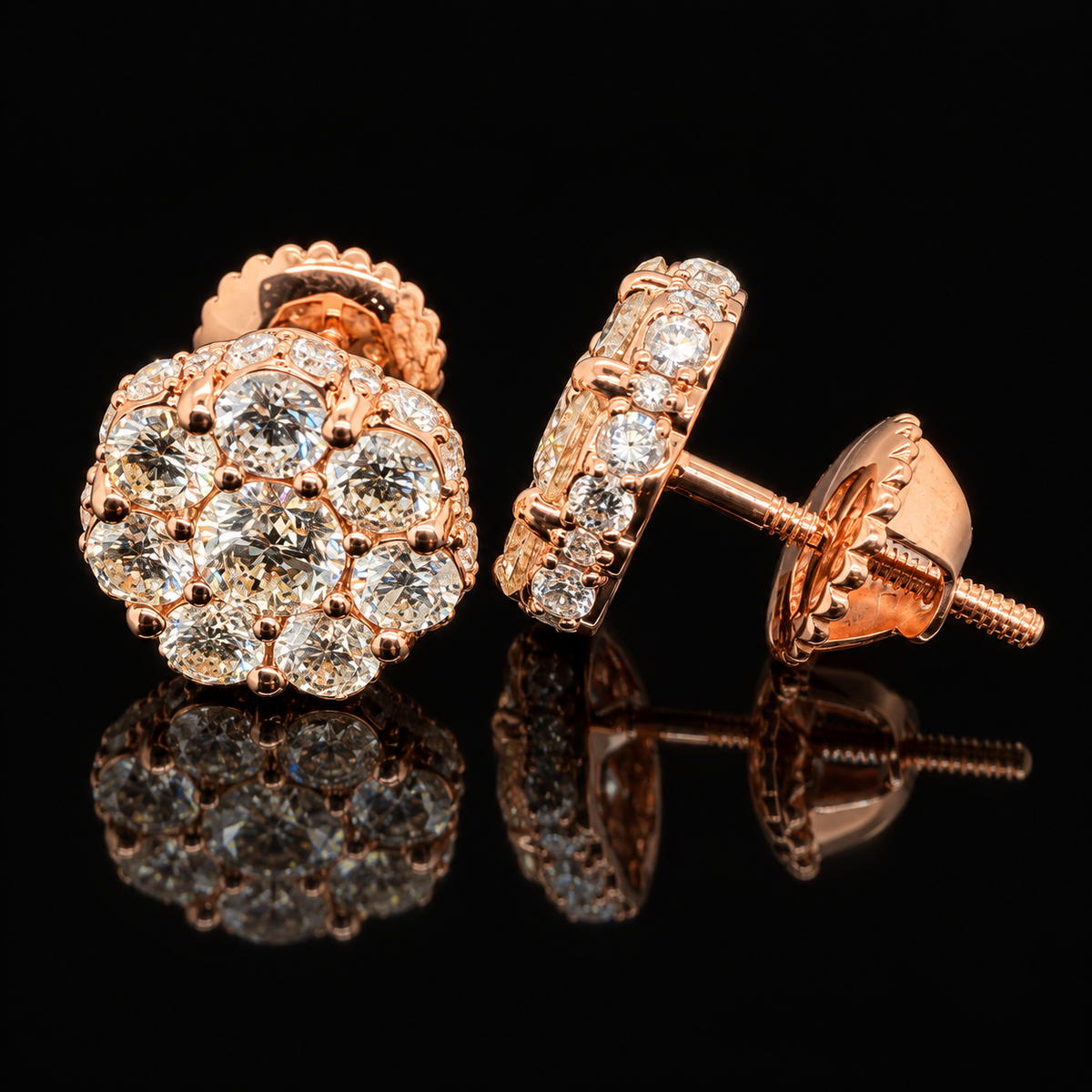 3 CTW natural diamond flower stud earrings in 10KT rose gold, front and side view