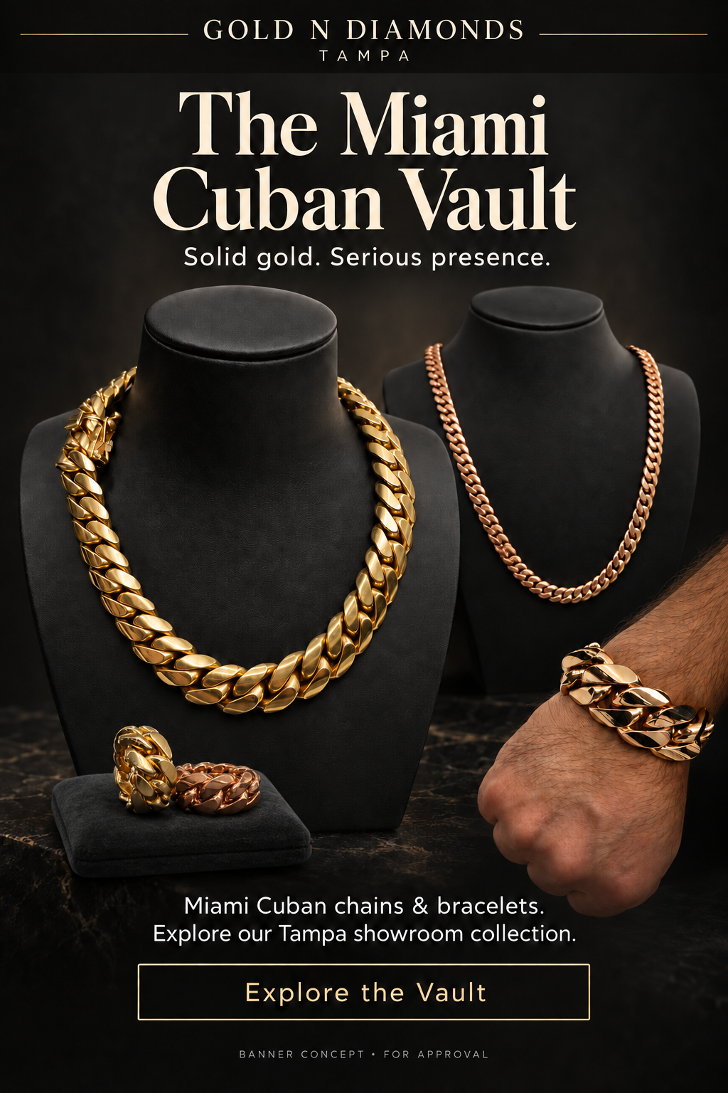 Yellow and rose gold Miami Cuban chains, two Cuban rings, and a rose gold bracelet