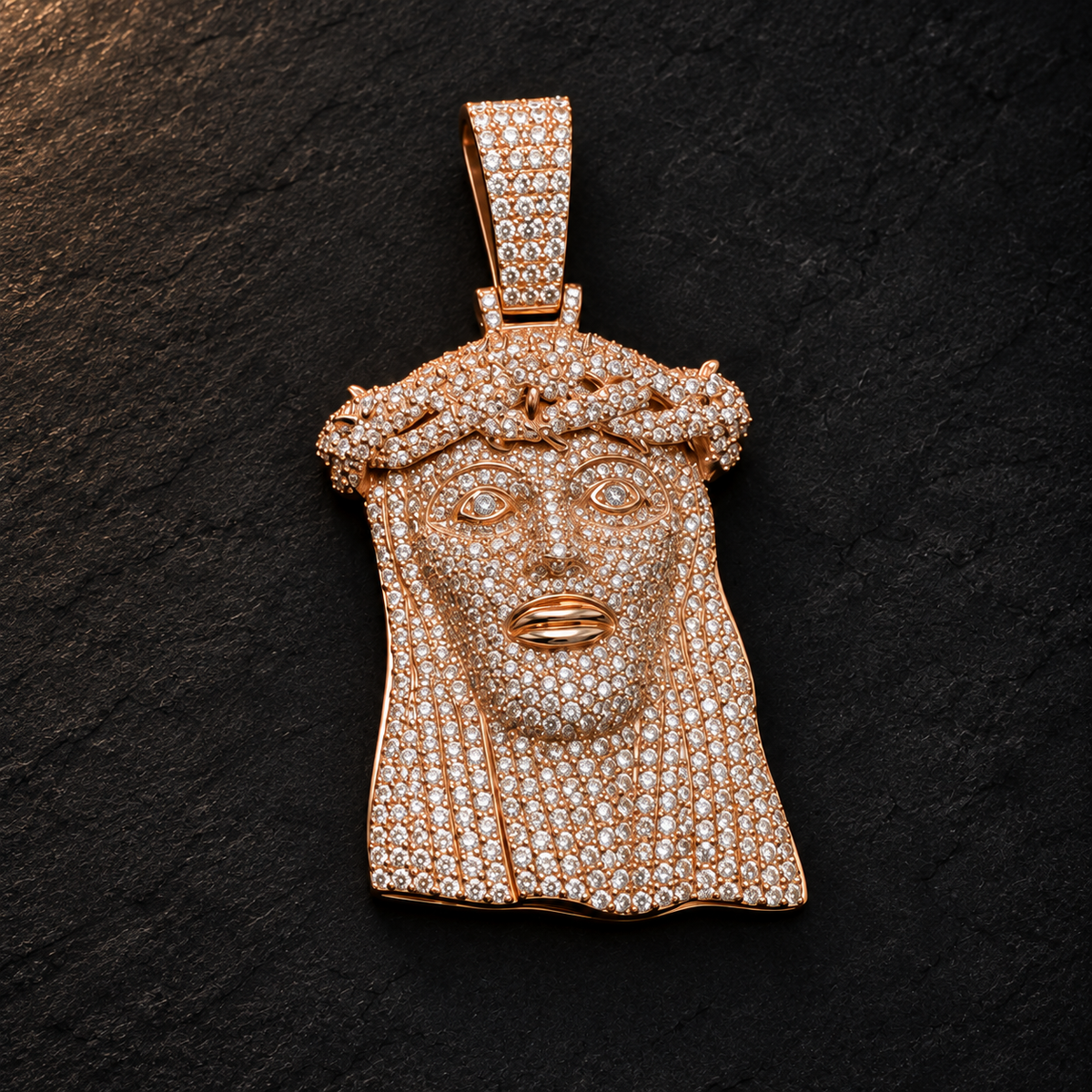 10KT rose gold Jesus pendant with 10.00 CTW natural diamonds; AI-retouched image