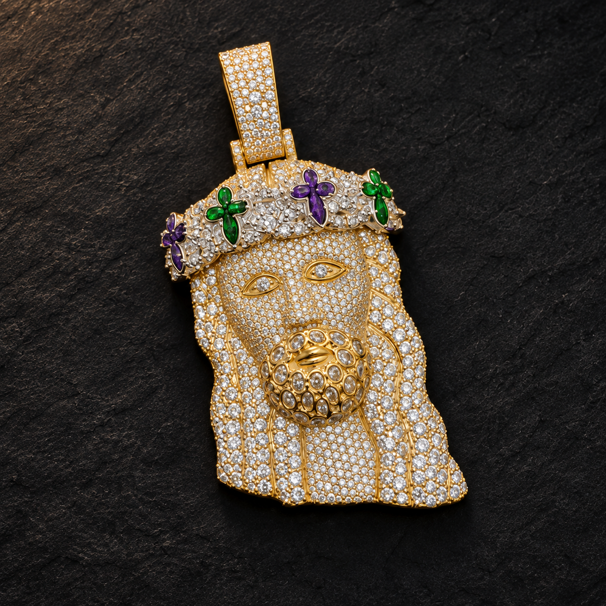 10KT yellow gold Jesus pendant with 10.50 CTW natural diamonds; AI-retouched image