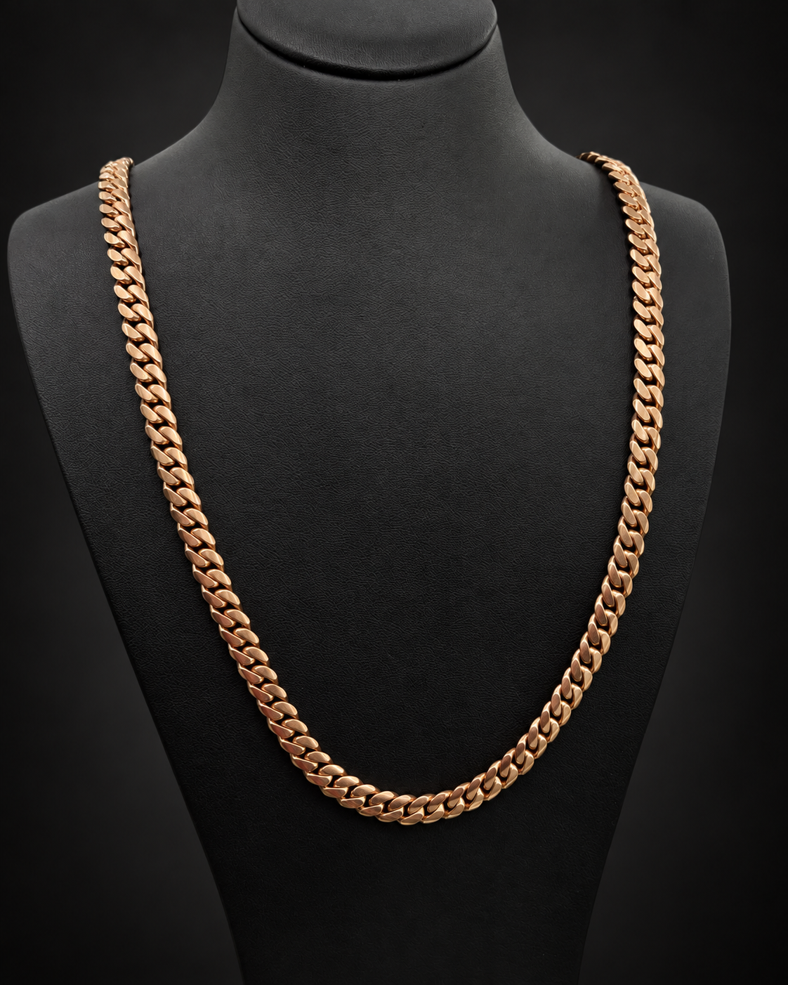 Reference 101580, chain 4: 92.8g 10KT rose gold Miami Cuban chain, 24 inches long, 7.6mm wide, displayed on a black bust.