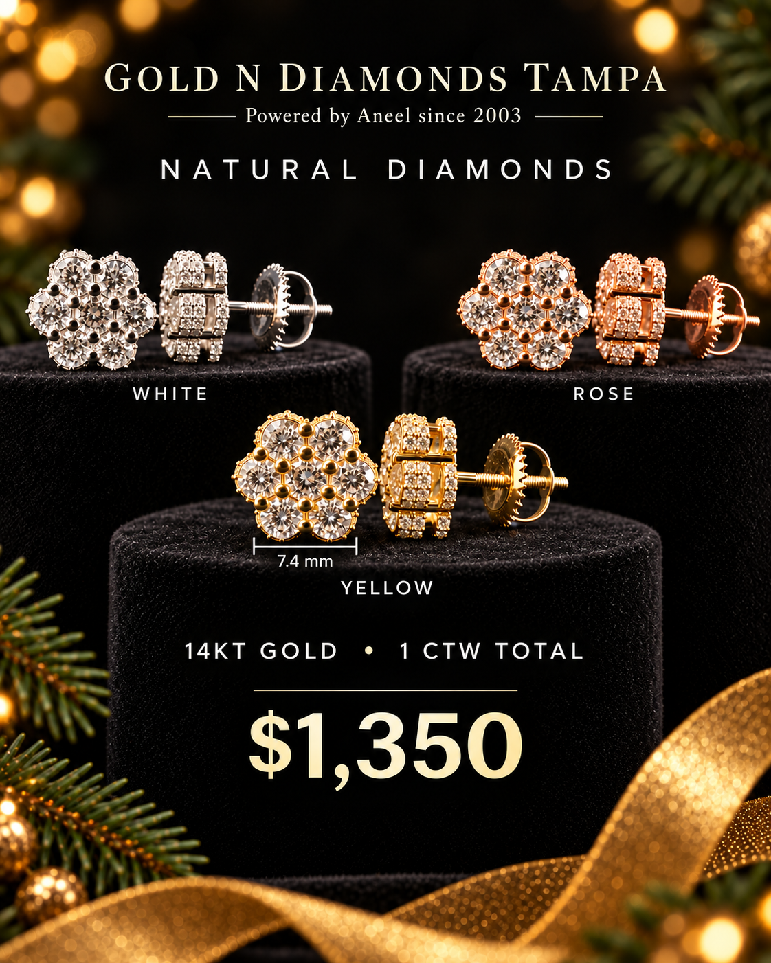 White, rose and yellow 14KT natural diamond flower stud earrings — 1 CTW, 7.4 mm