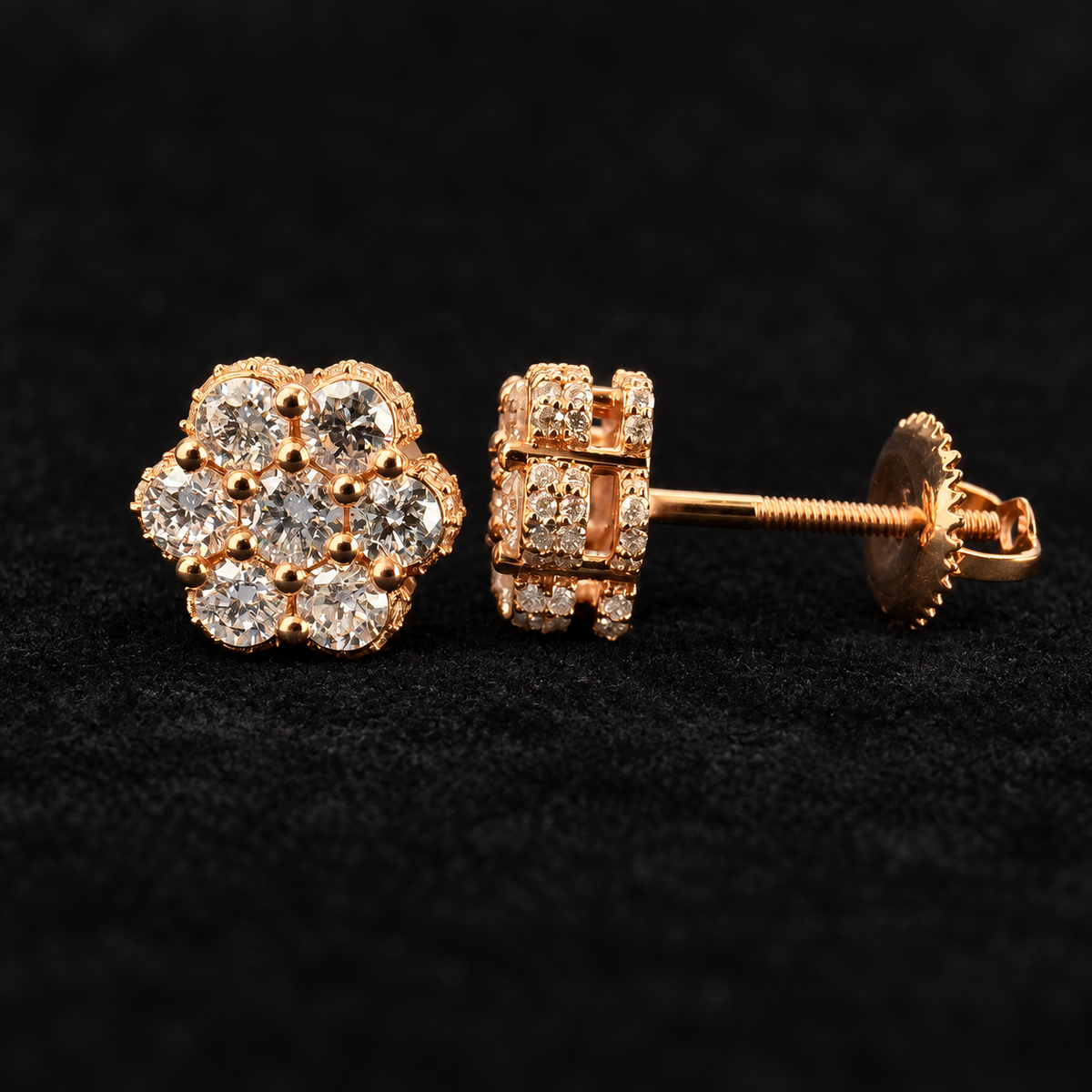 rose gold — 14KT, 1 CTW natural diamond flower studs; background retouched