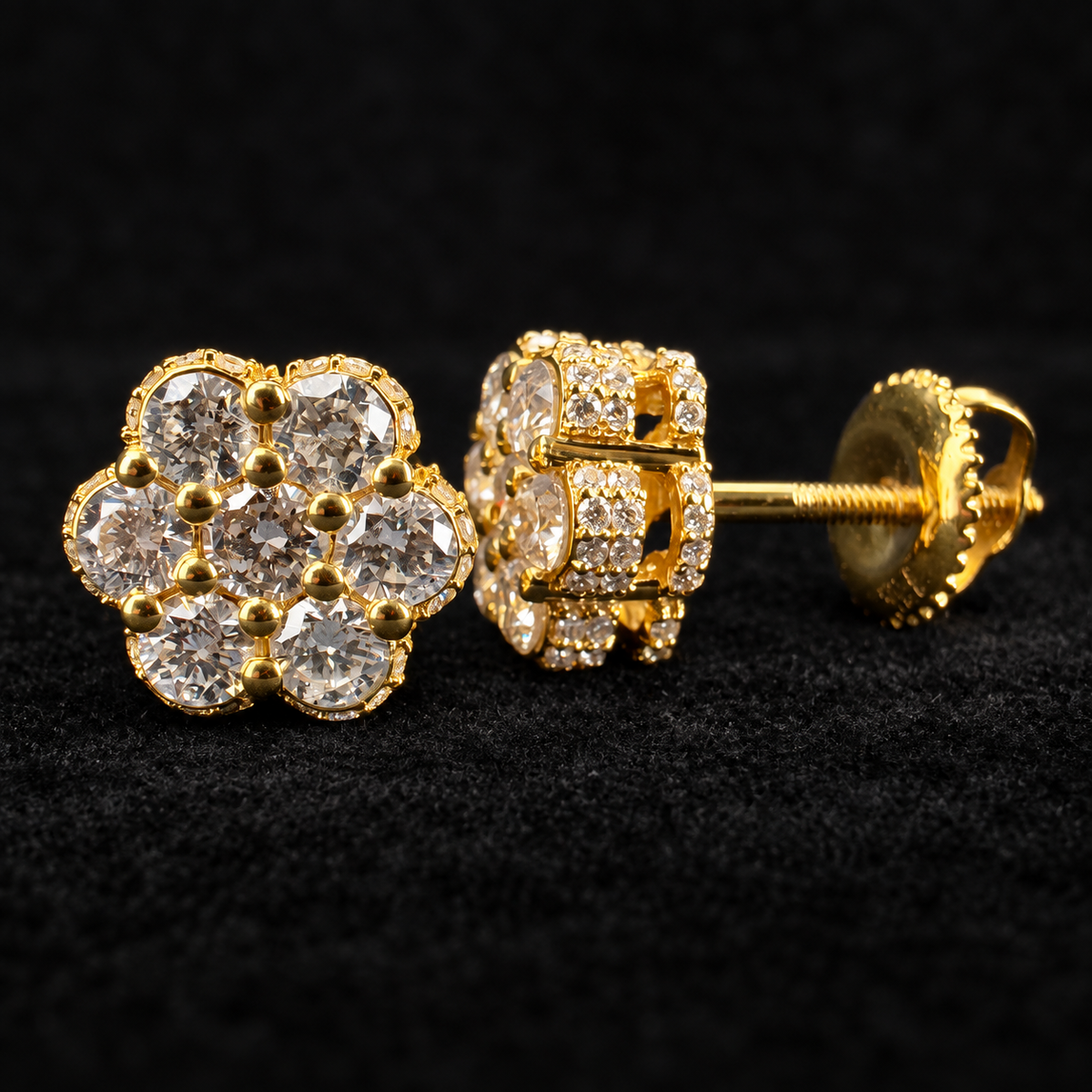 yellow gold — 14KT, 1 CTW natural diamond flower studs; background retouched