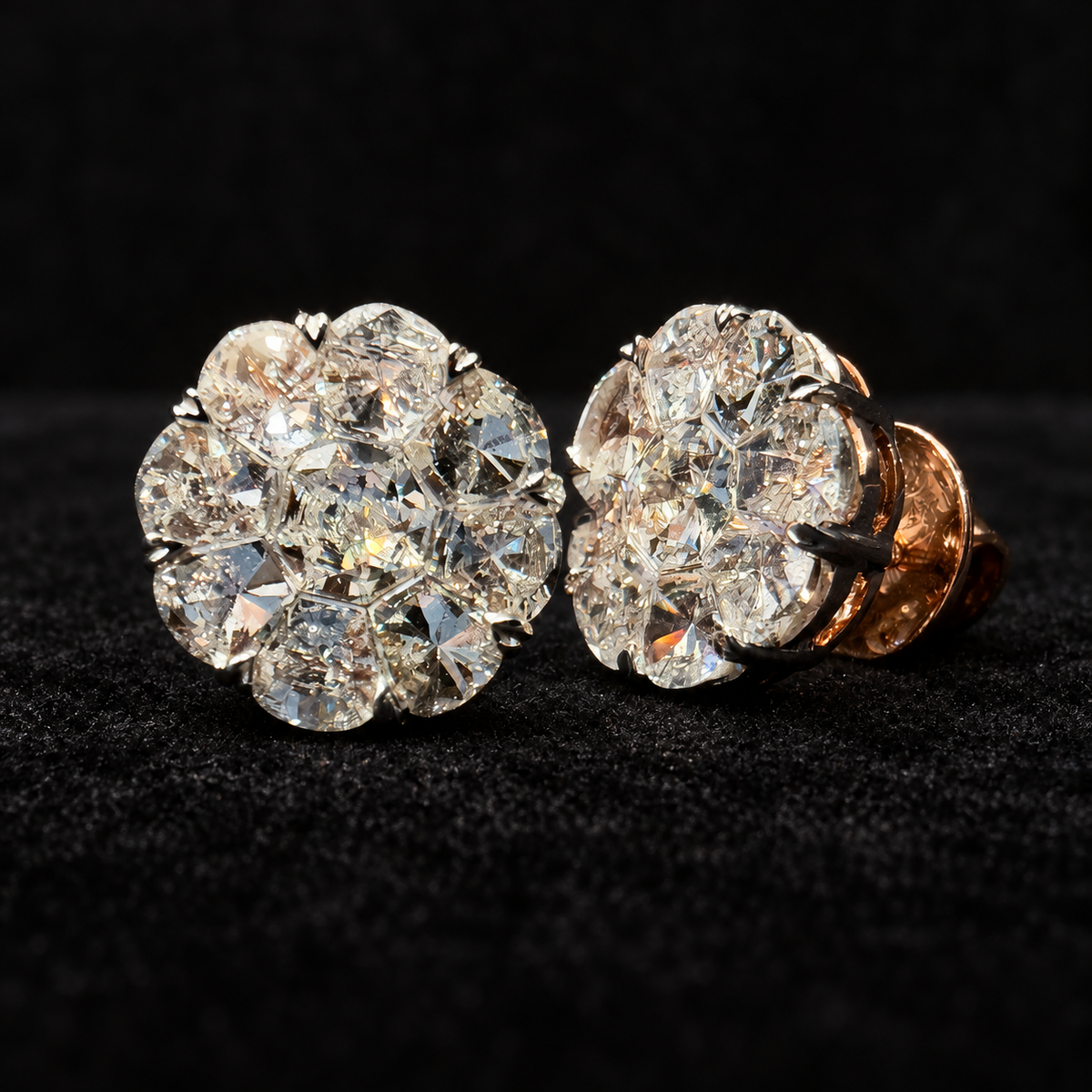 2.50 CTW custom-cut diamond earrings on black velvet; background-retouched product image