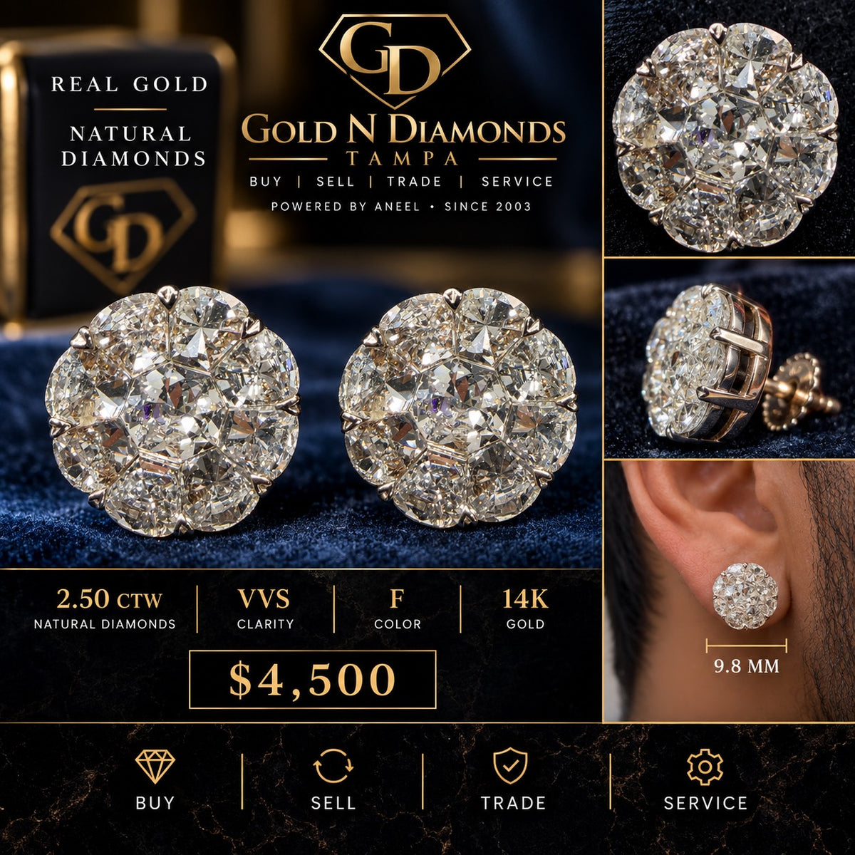 Promotional illustration of 14KT 2.50 CTW natural custom-cut diamond earrings
