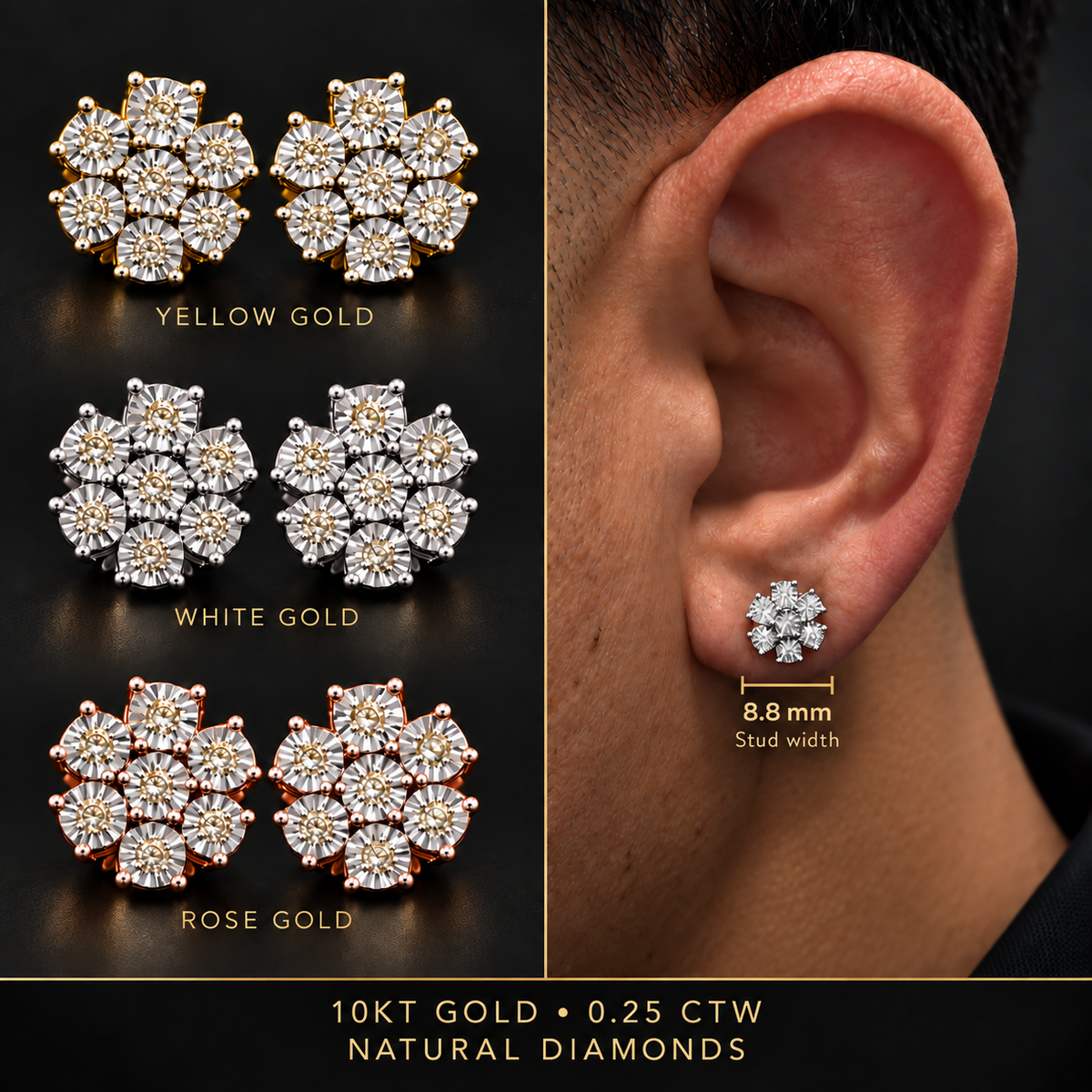 10KT gold natural diamond flower studs in yellow, white and rose gold with on-ear 8.8 mm width reference; 0.25 CTW