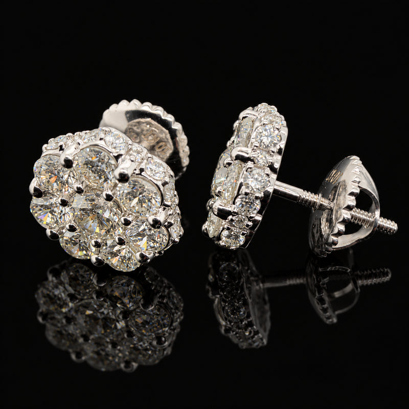 3 CTW natural diamond flower stud earrings in 10KT white gold, front and side view