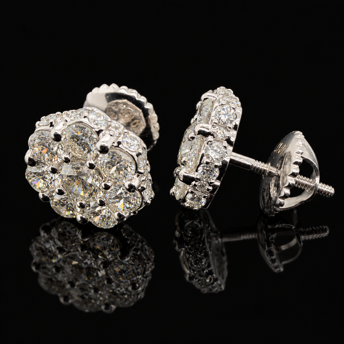 3 CTW natural diamond flower stud earrings in 10KT white gold, front and side view