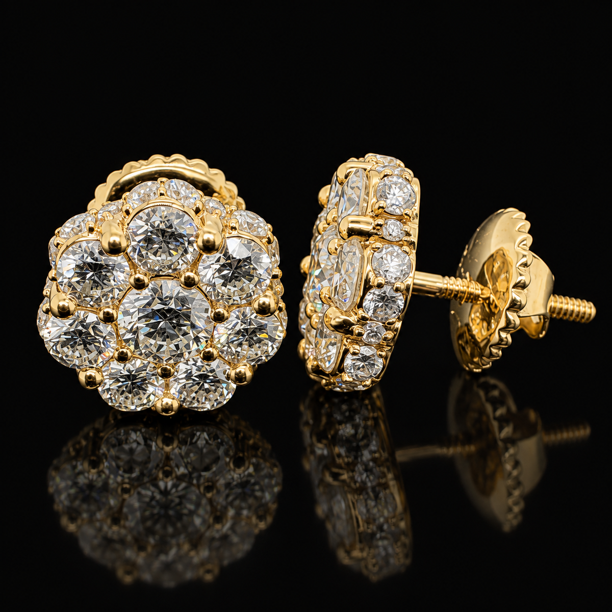 3 CTW natural diamond flower stud earrings in 10KT yellow gold, front and side view