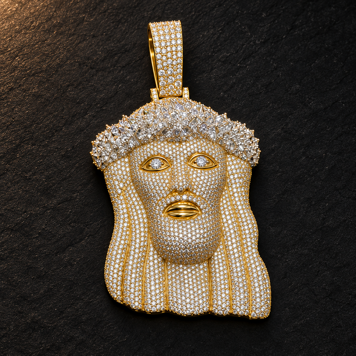 10KT yellow gold Jesus pendant with 22.00 CTW natural diamonds; AI-retouched image