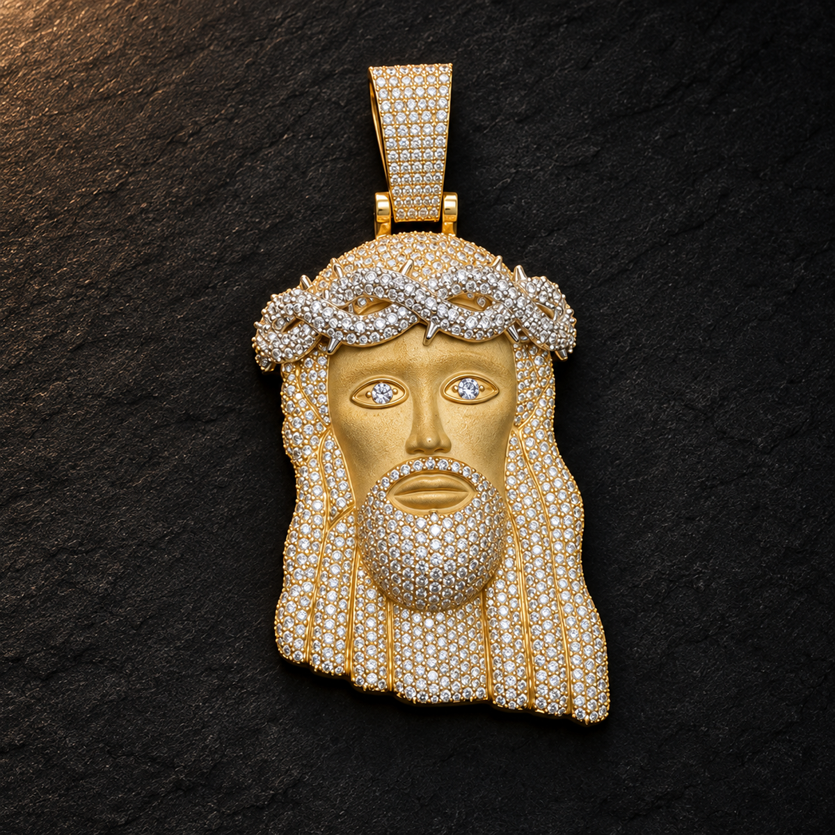 10KT yellow gold Jesus pendant with 7.50 CTW natural diamonds; AI-retouched image