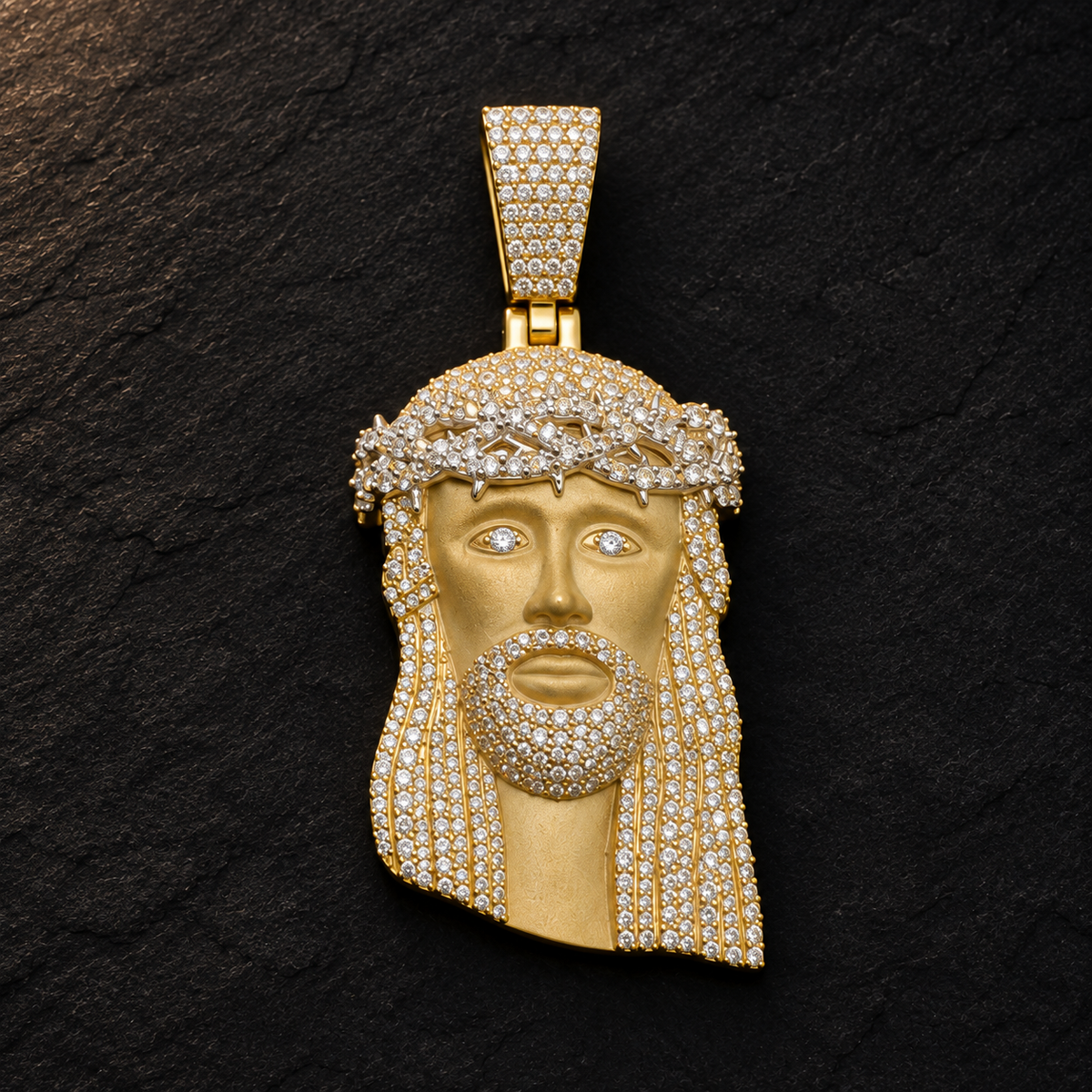 10KT yellow gold Jesus pendant with 3.64 CTW natural diamonds; AI-retouched image