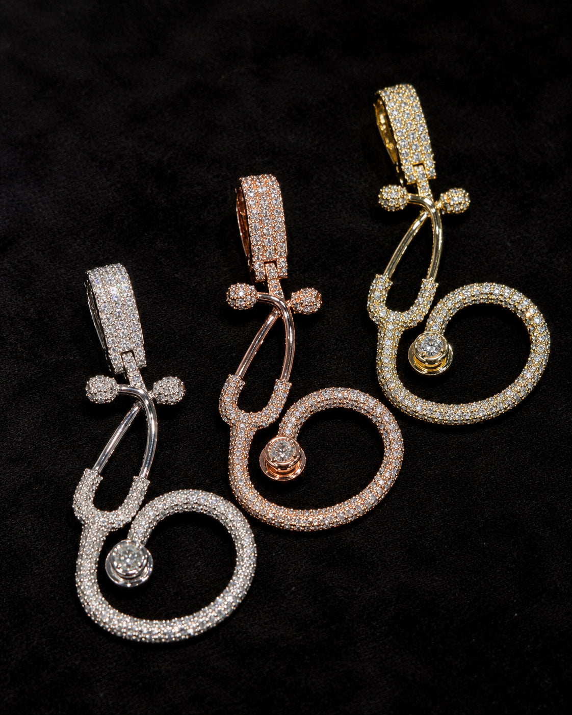 Natural diamond stethoscope pendants in white, yellow and rose 10K gold