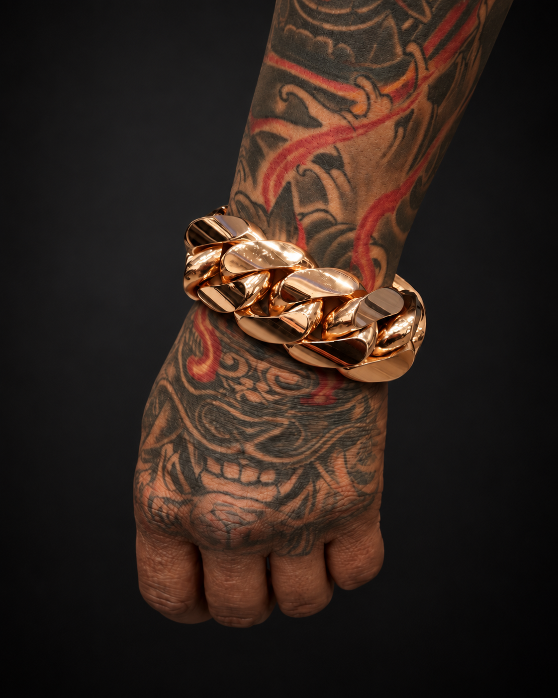 758.3g 10KT rose gold Miami Cuban bracelet worn on a wrist