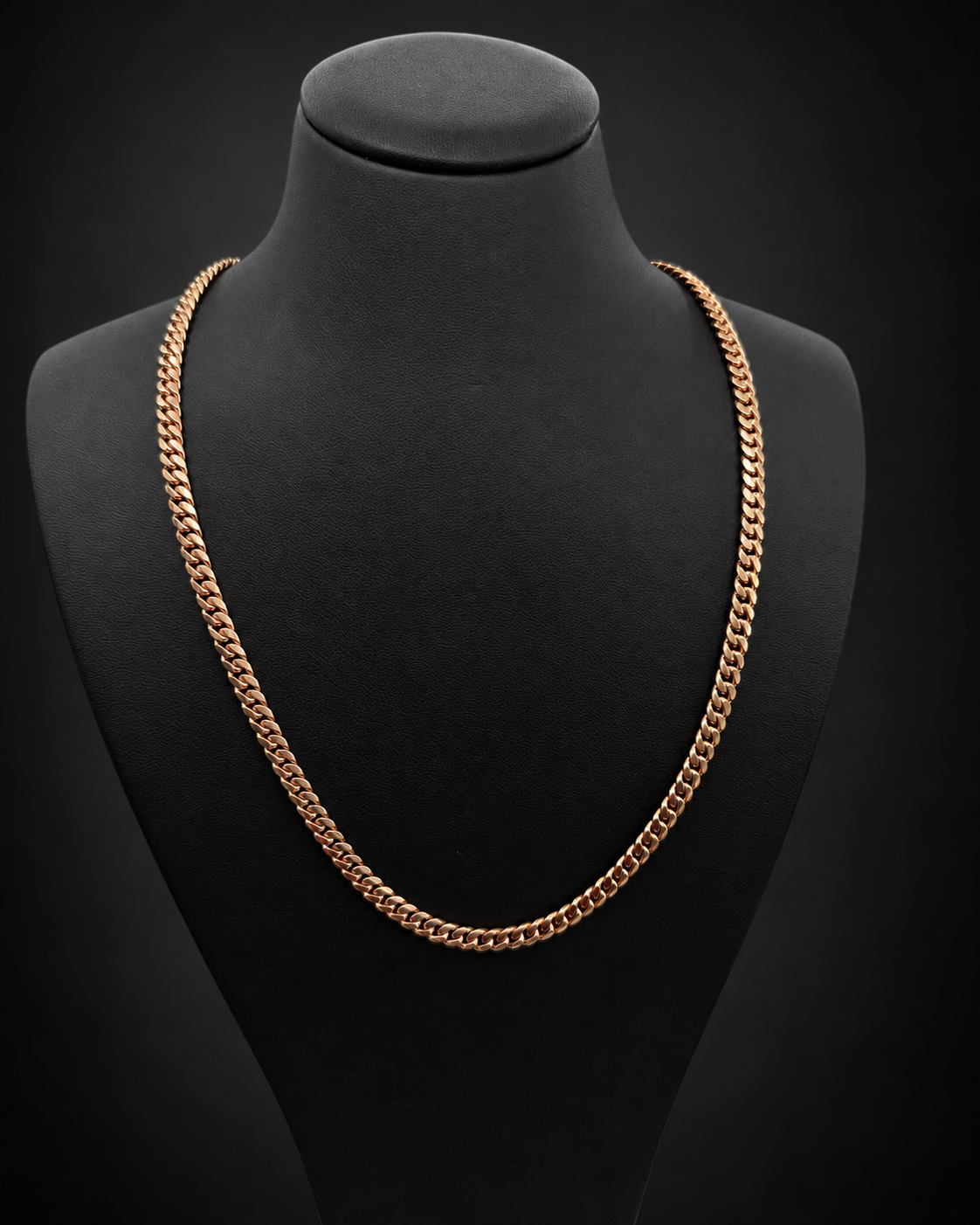 Reference 101580, chain 5: 37g 10KT rose gold Miami Cuban chain, 20 inches long, 4.9mm wide, displayed on a black bust.