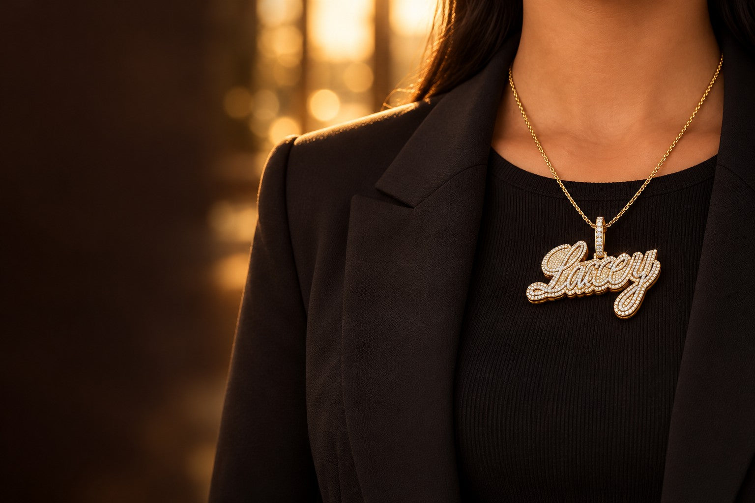 AI-styled Golden Light campaign showing the Lacey nameplate on a model, face out of frame
